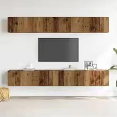 The Range 100cm 4-Piece Wall Mounted TV Cabinet Set in Rustic Old Wood - Brown