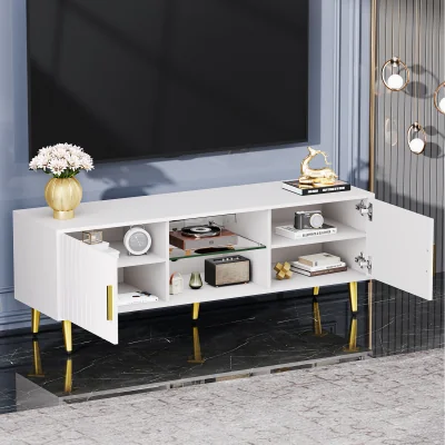 The Range Modern White TV Stand with Gold Accents and Open Shelves - white