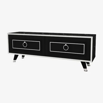 The Range TV Stand 120 cm Wide Media Console with Cabinets Esmera - Black Marble Effect & Silver Band