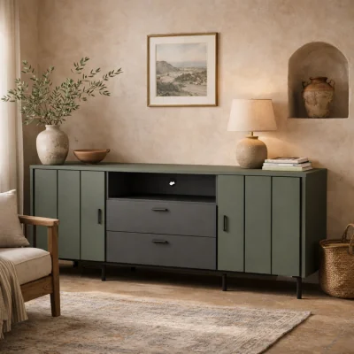 The Range Wyld Haus Elowynd 173cm Olive Green and Anthracite TV Cabinet, 2 Doors, 2 Drawers - Green