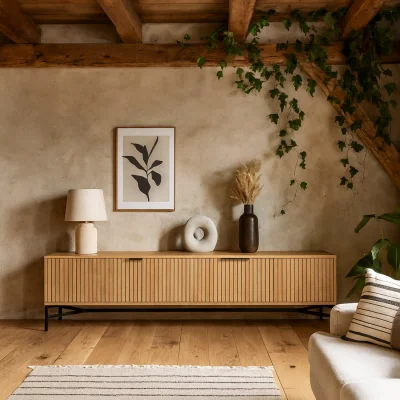 The Range Brisbane Slatted TV Unit 3 Door Metal Legs - Natural