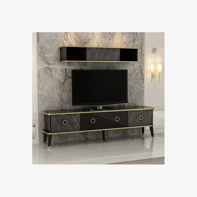 The Range Bien Modern Marble Look TV Unit Glossy Black with Gold Frame - Black & Gold