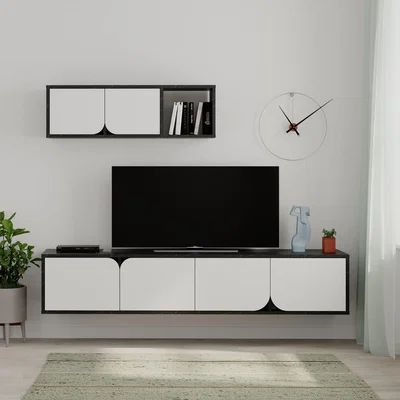 The Range Spark Modern Tv Unit With Wall Storage Unit 180cm - Black Marble Effect