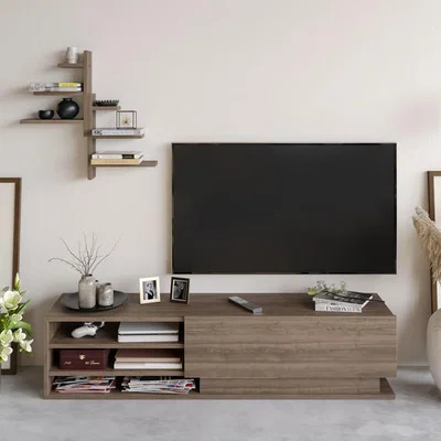 The Range Walnut Lina 150cm Wide TV Stand for TVs up to 65" with Wall Shelf - Walnut