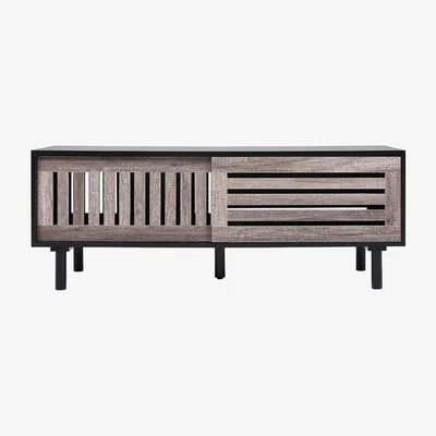 The Range Wooden Slatted Sliding Door TV Unit Stand Living Room Bedroom Dining Room - Brown and Black