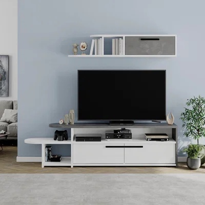 The Range Lyra Modern Tv Unit Oak With Storage And Wall Shelf - Retro Grey