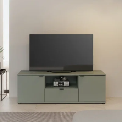 The Range Ganymede Wide TV Unit with Open Shelf, Drawer & 2 Doors - Sage Green