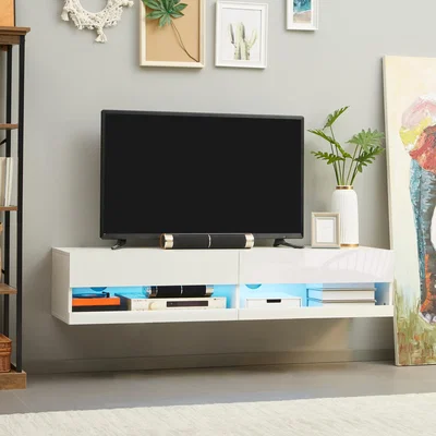 The Range Floating TV Unit Cabinet with High Gloss Effect and LED Lights - White