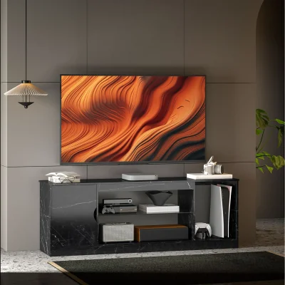 The Range HOMCOM Marble Effect TV Stand Cabinet with Glass Shelf for Inch TVs - Black
