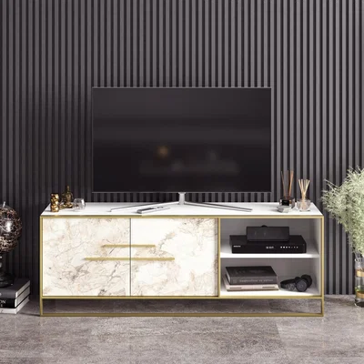The Range Polkana White 160 cm Wide TV Stand and Media Console - Marble White and Gold