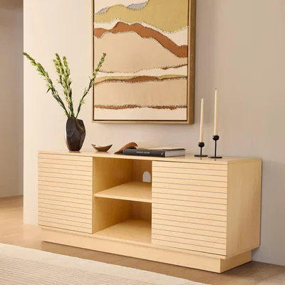 The Range Large Slatted Wooden TV Unit 2 Doors and 2 Shelves - Natural Wood