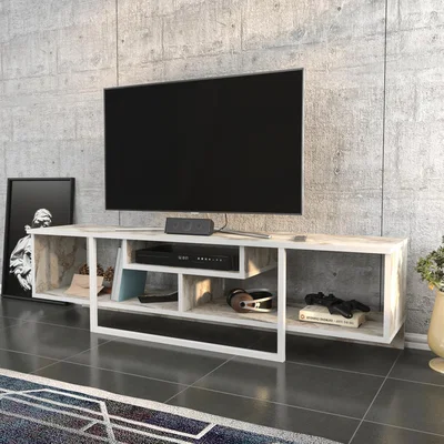 The Range Asal 150 cm Industrial TV Unit TV Stand with Shelves - White Marble Effect Top and White Legs