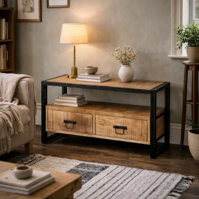 The Range Toivakka TV Unit Reclaimed Hardwood with Iron Edging and 2 Drawers - Brown