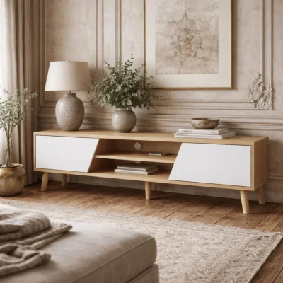 The Range Katoha Sadi Wooden White and Wood-Effect Scandinavian TV Console with Storage