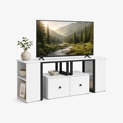 The Range Lowboard Wood TV Stand with Large Drawers and Open Side Compartments - White