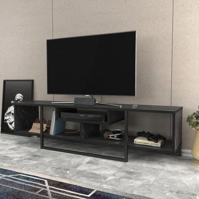 The Range Asal 150 cm Industrial TV Unit TV Stand with Shelves - Black Marble Effect and Black