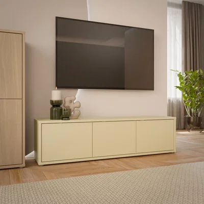 The Range Alice Springs Wide TV Cabinet with 3 Doors Push-Open in Taupe - Butter Yellow