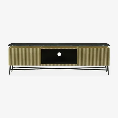 The Range Teramo Flute Gold 2 Door TV Unit with Black Marble Top - Yellow