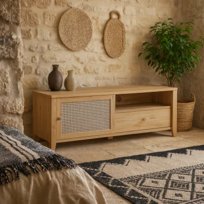 The Range Monza Natural TV Unit 1 Door 1 Drawer Rattan Texture Compact - Natural