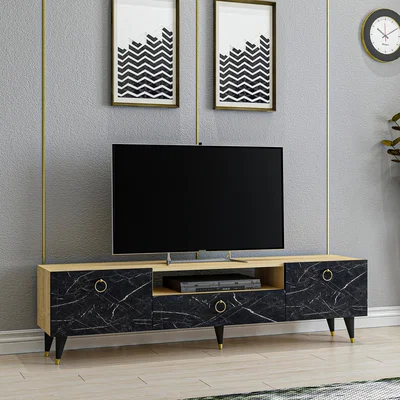 The Range Cavelli TV Unit Black Marble Look Oak Body - Oak & Black