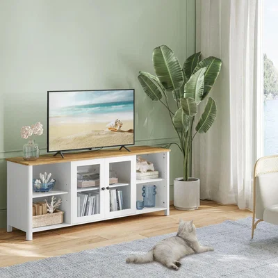 The Range 147cm TV Stand for TVs up to 65 Inches with Open Shelves and Glass Doors - White