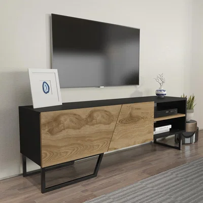The Range Denasse 150 cm Wide TV Unit TV Stand with Metal Legs - Black & Sapphire Oak Pattern