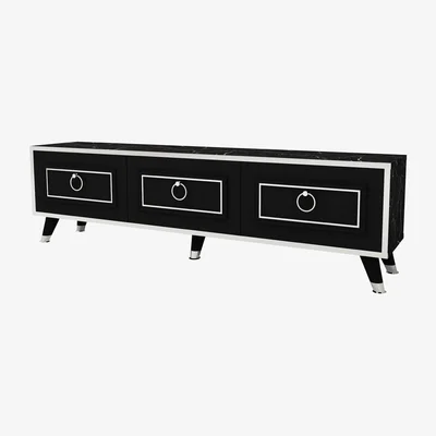 The Range TV Stand 150 cm Wide Media Console with Cabinets Esmera - Black Marble Effect & Silver Band