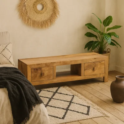The Range Manila Wide TV Unit Light Mango Wood 2 Drawers - Brown