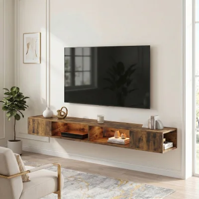 The Range HOMCOM TV Stand with RGB LED Lights for 75-Inch TV  - Rustic Brown