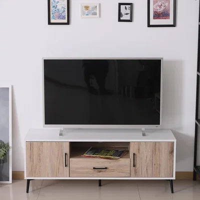 The Range 120cm TV Cabinet Stand Center Drawer Nordic  - Oak colour, White