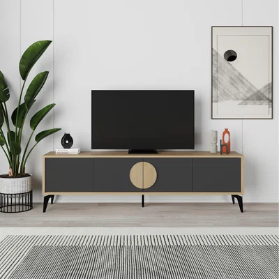 The Range Gora Modern TV Unit with 2 Doors Storage TV Cabinet 180cm - Oak - Silky Black