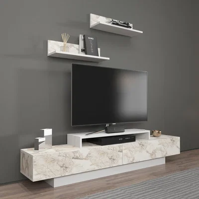 The Range Lusi 180 cm Wide TV Unit TV Stand and Media Console with Cabinets  - White Marble Effect