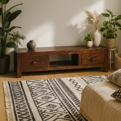 The Range Phuket Dark Mango Wood TV Media Unit 2 Drawers 1 Open Shelf - Brown