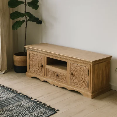 The Range Brighton Mango Wood TV Cabinet Whitewashed Finish 2 Doors 1 Drawer 1 Shelf - Brown