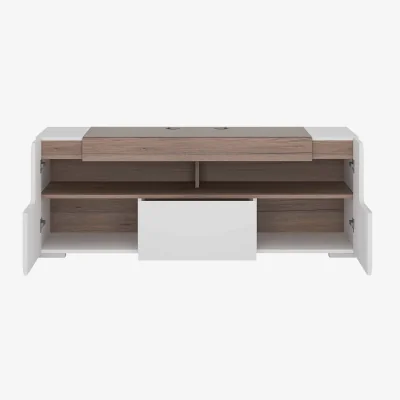 The Range Porto 140cm Gloss White TV Cabinet with Oak Detail, 2 Doors and 1 Drawer - White