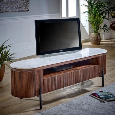 The Range Opal Mango Wood Large Tv Stand With Marble Top and Metal Legs - White