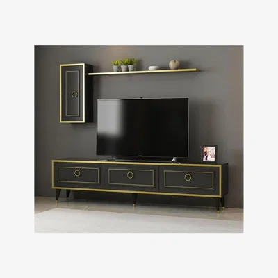 The Range Vals TV Unit Black Marble Look with Gold Frame - Black & Gold