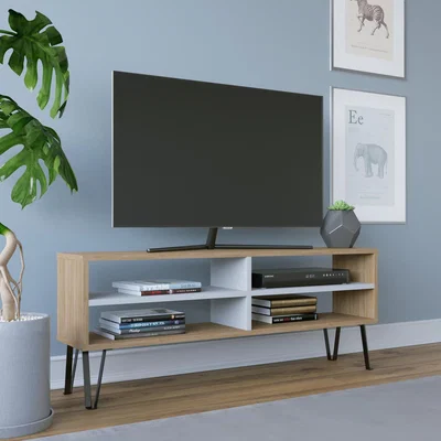 The Range Farrar 120 cm Wide Modern TV Unit TV Stand with Open Shelves - Sapphire Oak Pattern & White