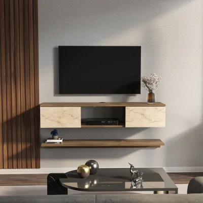 The Range Elia Floating TV Unit with Accent Shelf - Walnut and Travertine
