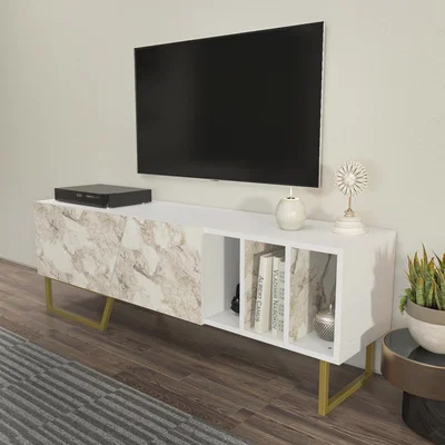 The Range Linossa 150cm Modern TV Unit with Metal Legs - White, White Marble Effect