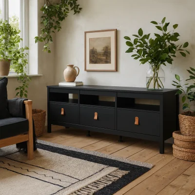 The Range Wildberry TV Unit Matt 3 Drawers Leather Handles - Black
