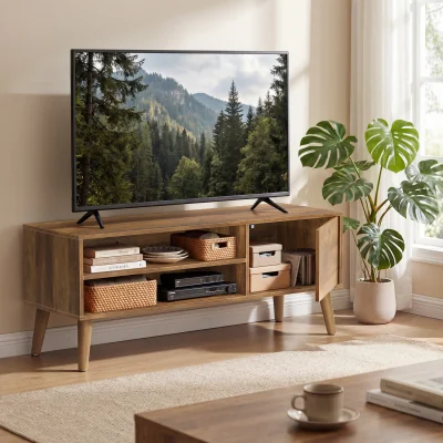 The Range Warm Brown Rubber Wood TV Cabinet With Door Open Shelves - Brown