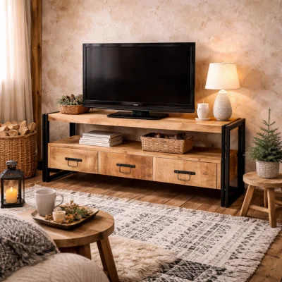 The Range Toivakka Industrial Reclaimed Wood and Metal TV Unit 3 Drawers - Brown