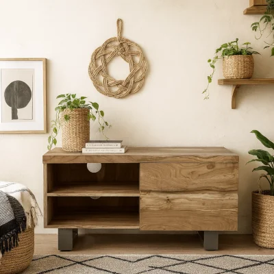 The Range Wellington Acacia Wood Compact TV Unit with Metal Legs and Storage - Brown