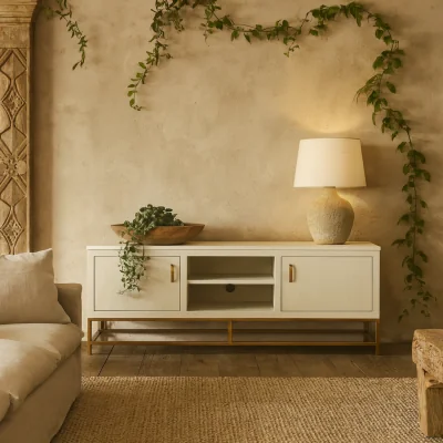 The Range Wyld Haus Curitiba Cream Shagreen 2-Door TV Unit with Brushed Brass Base - Cream