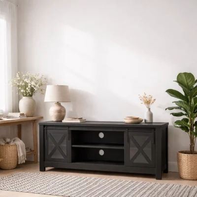 The Range Denmark Matt Wood and Glass TV Media Unit 2 Doors - Black