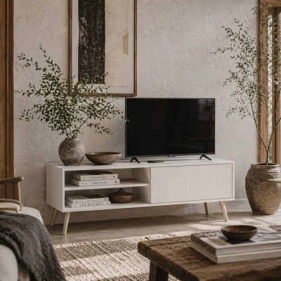 The Range Avalia 110cm White TV Stand - Fits Up to 55-inch TVs, Open Shelves, Cable Access