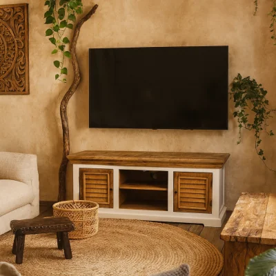 The Range Alington TV Cabinet - White Matt Frame and Natural Solid Mango Wood Top - Brown