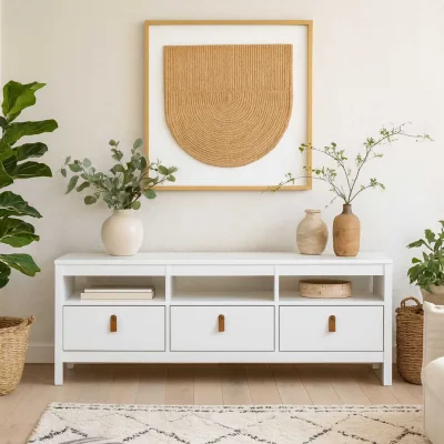 The Range Wyld Haus Wildberry Matt White TV Unit, 3 Drawers, Brown Leather Handles - White