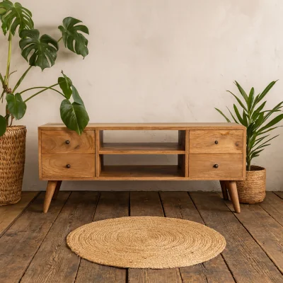The Range Monticchiello Scandi TV Unit Solid Mango Wood 4 Drawers Open Shelf - Brown